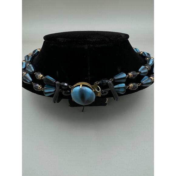 Vintage West Germany Two Strand Gold and Blue Bead Necklace - Picture 2 of 13